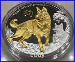 2018 Niue $8 YEAR OF THE DOG 5 Oz Proof Gilded Silver Mintage 500