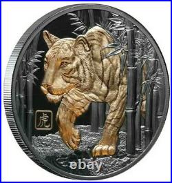 2022 5 Oz BLACK PROOF Silver $10 Niue YEAR TIGER Gilded Coin