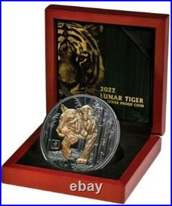 2022 5 Oz BLACK PROOF Silver $10 Niue YEAR TIGER Gilded Coin