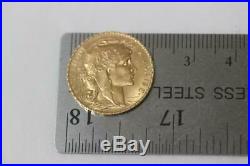 22K Solid Gold 1907 France Coin 20 Francs French Rooster AU Rare Collectible