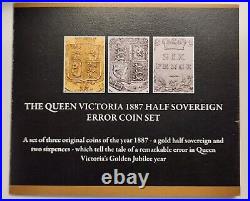 3 Coin 1887 Queen Victoria Half Gold Sovereign & Six Pence Error Coin Set withOGP