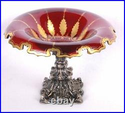 Antique BOHEMIAN Red & Gold Glass COMPOTE with Ornate Coin Silver Base 6.5H