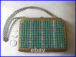 Antique Gold Green Jewel & Rhinestone Coin Holder Card Case Carry All Compact