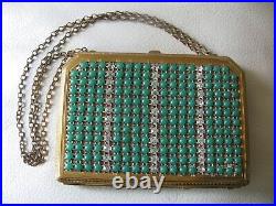 Antique Gold Green Jewel & Rhinestone Coin Holder Card Case Carry All Compact