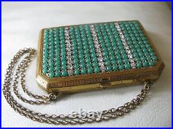 Antique Gold Green Jewel & Rhinestone Coin Holder Card Case Carry All Compact