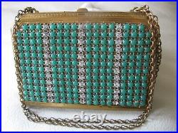 Antique Gold Green Jewel & Rhinestone Coin Holder Card Case Carry All Compact
