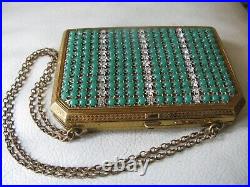 Antique Gold Green Jewel & Rhinestone Coin Holder Card Case Carry All Compact