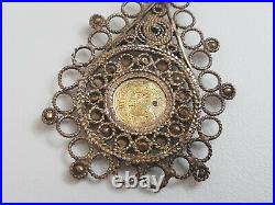 Antique VICTORIAN SILVER FILIGREE Mercury Gilt Gilded Coin Holder with Gold coin
