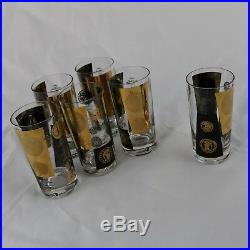 Black and 22-Karat Gold Coin Design Highball Glasses by Cera Mid-Century Modern