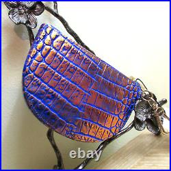 Brahmin Britt Deep Azure Blue & Copper Leather Key Fob Credit Card Coin Holder