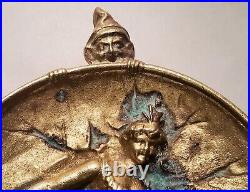 CIRCUS GIRL vtg bronze coin jewelry dish female nude elf dwarf gold drum bowl