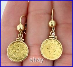 COLLECTIBLE Two (2) x 1853 Liberty Head $1.00 Dollar US Gold Coins As Earrings