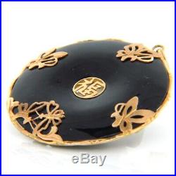 Chinese Black Jade & 14k Gold Good Luck & Butterfly Necklace Coin Pendant