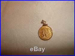 Collectible 1927 US $2.5 Indian Head Gold Coin 14k Bezel Pendant Charm Necklace