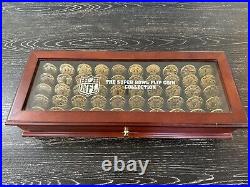 Danbury Mint NFL Super Bowl Flip Coin Collection with Glass Top Wooden Box, PO-LN