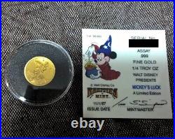 Disney Mickey Mouse Pure Gold Coin 1/4 oz 1987 clear case serial number card