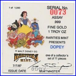 Disney Rarities Mint 1 oz. 999 Gold DOPEY from Snow Whites 50th Anniversary