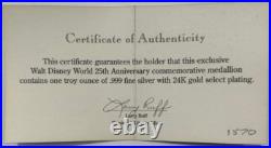 Disney World 25th Anniversary 1996 1oz Silver Coin with 24K Gold Relief #1570