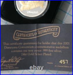 Disneyana Convention Coin 2001 Disneyland Silver withGold Plate 457/500