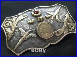 EXCEPTIONAL Sterling 10K US $2.50 Indian Coin Trophy Buckle GOLD NUGGETS