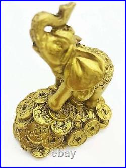 Feng Shui 3.5 Gold Elephant on Golden Money Coins Statue Wealth Lucky Figurine