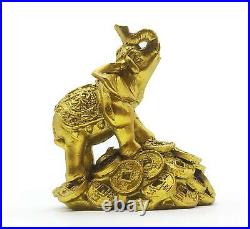 Feng Shui 3.5 Gold Elephant on Golden Money Coins Statue Wealth Lucky Figurine