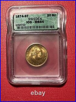 GREAT GOLD WORLD COIN COLLECTIBLE -Sweden 1874-ST 20 Kronor Gold Coin (ICG MS64)