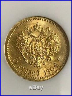 Genuine 1904 Gold Coin 5 Rouble Graded Ngc Ruble Russian Empire Antique Russia