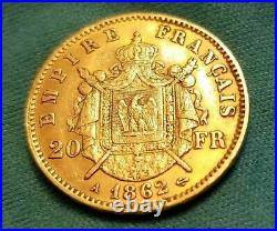 Gold Coin, France, Napoléon III, 20 Francs, 1862 collectible KM#801.2