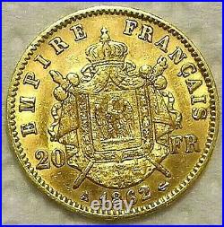 Gold Coin, France, Napoléon III, 20 Francs, 1862 collectible KM#801.2