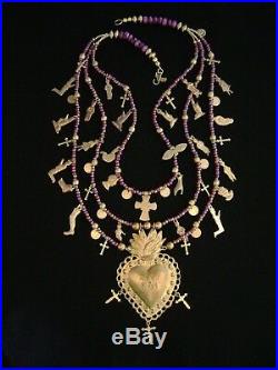 Graciela Barrios Sacred Heart Milagro Necklace Antique Milagros & 10K Gold Coins