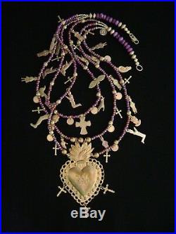 Graciela Barrios Sacred Heart Milagro Necklace Antique Milagros & 10K Gold Coins