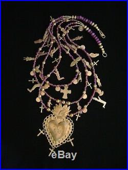 Graciela Barrios Sacred Heart Milagro Necklace Antique Milagros & 10K Gold Coins