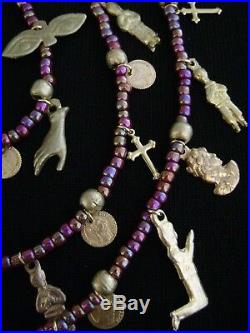 Graciela Barrios Sacred Heart Milagro Necklace Antique Milagros & 10K Gold Coins