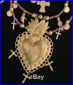 Graciela Barrios Sacred Heart Milagro Necklace Antique Milagros & 10K Gold Coins