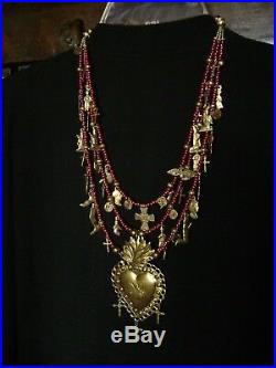 Graciela Barrios Sacred Heart Milagro Necklace Antique Milagros & 10K Gold Coins