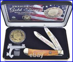 Hen and Rooster pocket knife Trump Gold Trapper Coin with stand in display case