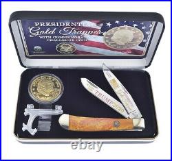 Hen and Rooster pocket knife Trump Gold Trapper Coin with stand in display case
