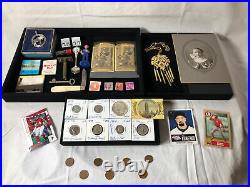 Junk Drawer Lot 1921 Morgan Silver Dollar Coins Gold Stamps Knife Antique Photo