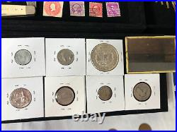 Junk Drawer Lot 1921 Morgan Silver Dollar Coins Gold Stamps Knife Antique Photo