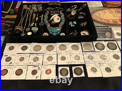 Junk Drawer Lot Sterling Silver Turquoise Necklace Rings Coins Morgan JFK Gold