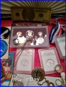 Junk drawer lot sterling jewelry, 90% US silver coins, gold and platnium plate