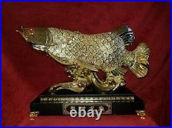 LARGE Feng Shui Golden Chrome Arowana Fish Statue Wealth Luck Gift Coin Power