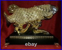 LARGE Feng Shui Golden Chrome Arowana Fish Statue Wealth Luck Gift Coin Power