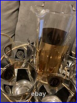 LOT Vintage Cera Glass Gold Black Coins 22kt MCM Martini Set with Caddy