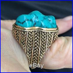 Large Signed Lovely Estate 14k Gold & Turquoise Roberto Coin Style Ring Sz 10.5