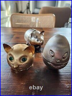 Lot of Six (6) Vintage Napier Metal Coin Banks Brushed Metal Silver Gold Eyes