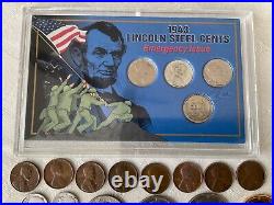 Old us coin collection wheat pennies, silver coins and gold plated coins