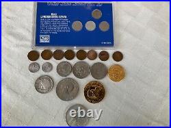 Old us coin collection wheat pennies, silver coins and gold plated coins