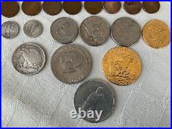 Old us coin collection wheat pennies, silver coins and gold plated coins